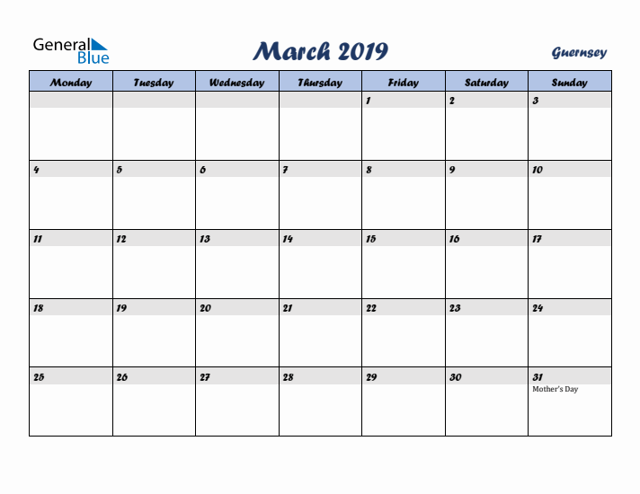 March 2019 Calendar with Holidays in Guernsey