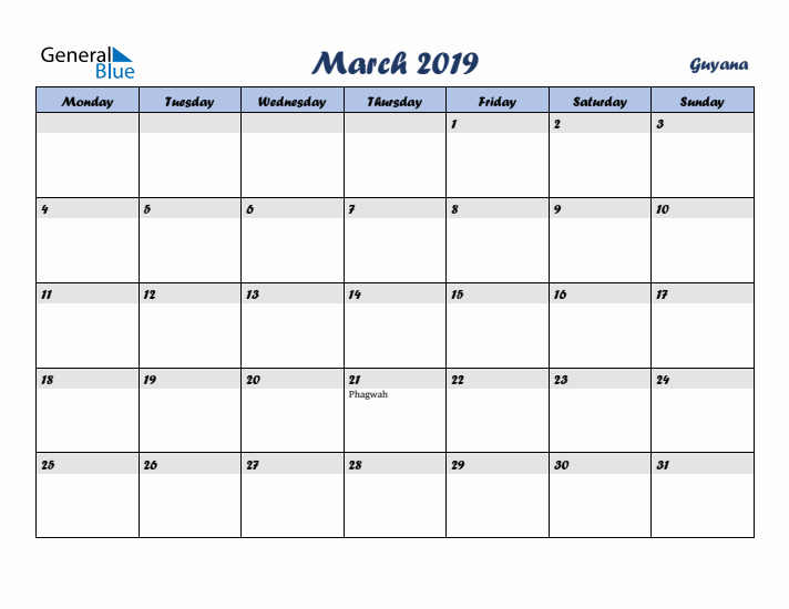 March 2019 Calendar with Holidays in Guyana