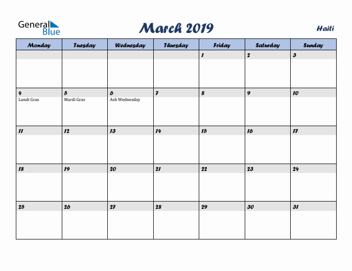 March 2019 Calendar with Holidays in Haiti