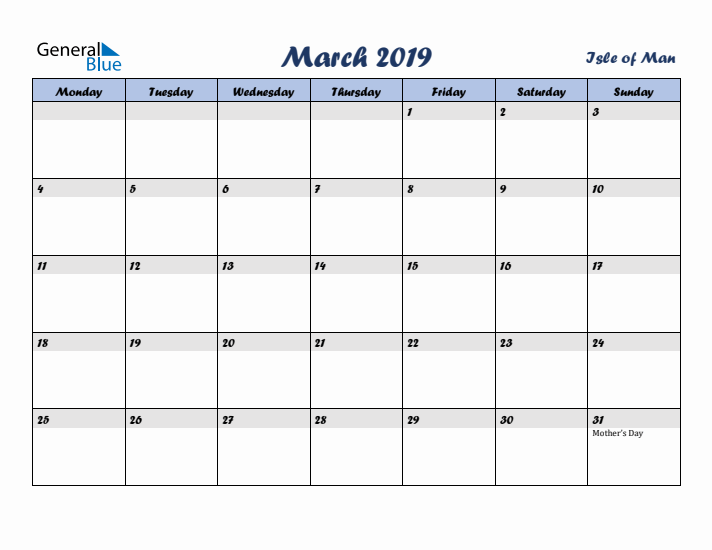 March 2019 Calendar with Holidays in Isle of Man