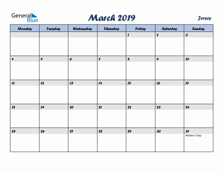 March 2019 Calendar with Holidays in Jersey