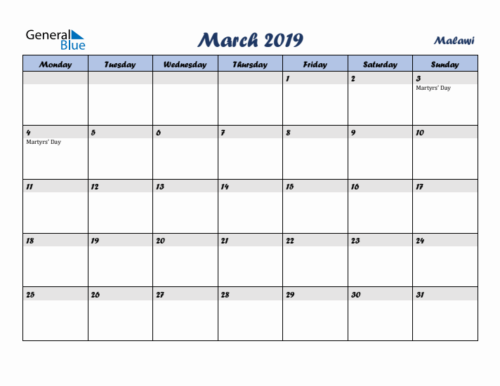 March 2019 Calendar with Holidays in Malawi