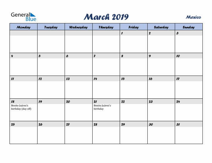 March 2019 Calendar with Holidays in Mexico