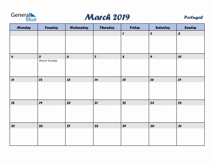 March 2019 Calendar with Holidays in Portugal