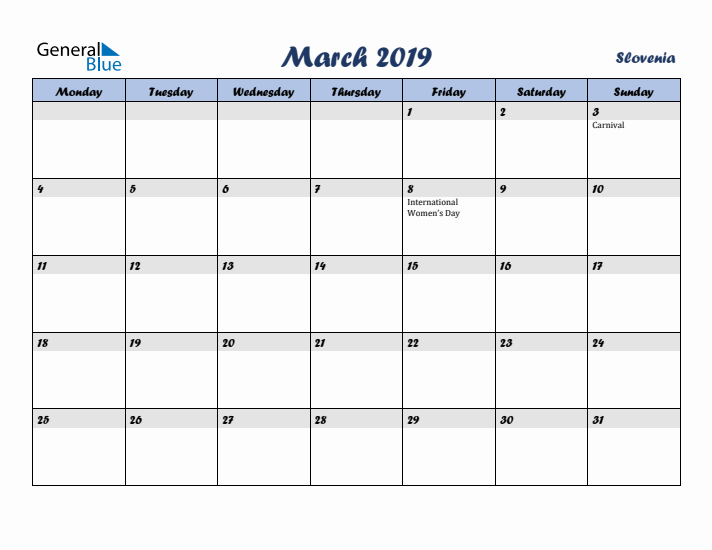 March 2019 Calendar with Holidays in Slovenia