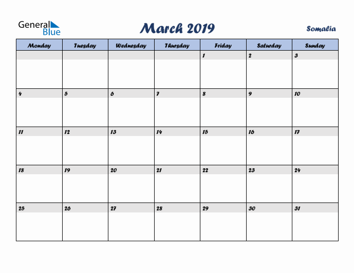 March 2019 Calendar with Holidays in Somalia