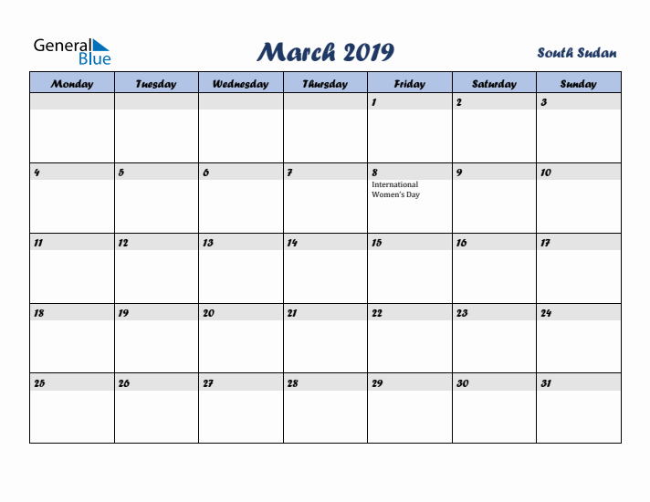 March 2019 Calendar with Holidays in South Sudan