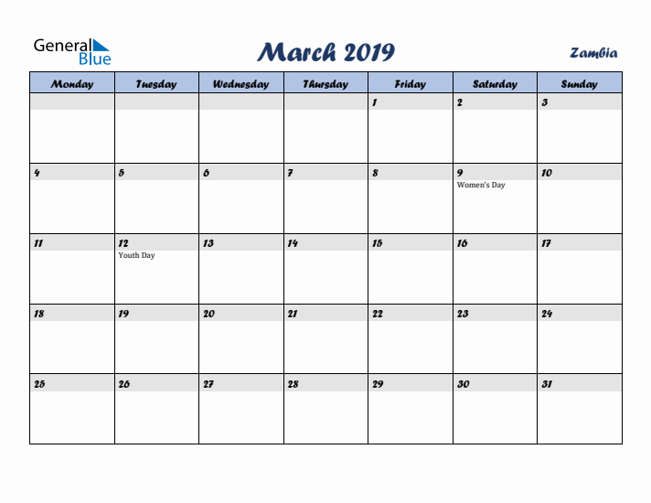 March 2019 Calendar with Holidays in Zambia