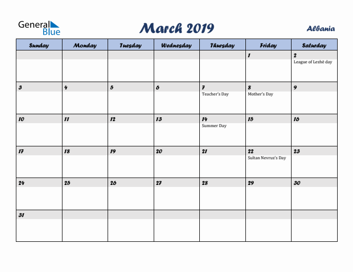 March 2019 Calendar with Holidays in Albania