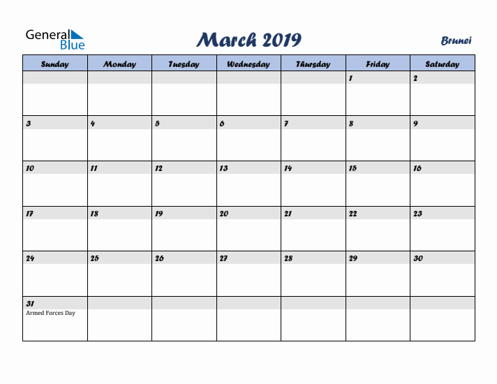 March 2019 Calendar with Holidays in Brunei