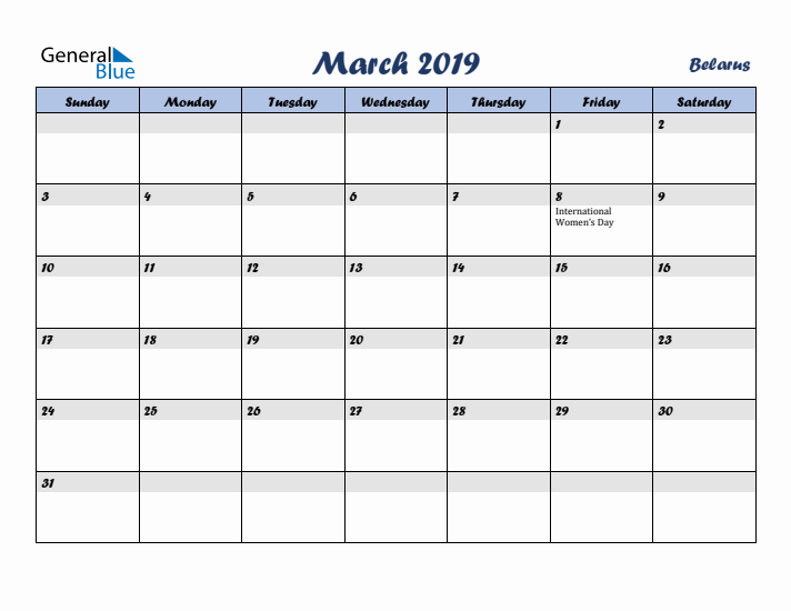 March 2019 Calendar with Holidays in Belarus