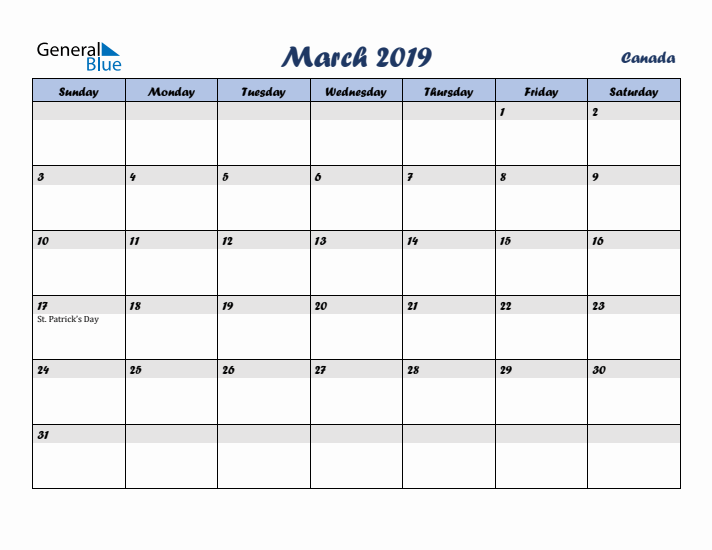 March 2019 Calendar with Holidays in Canada