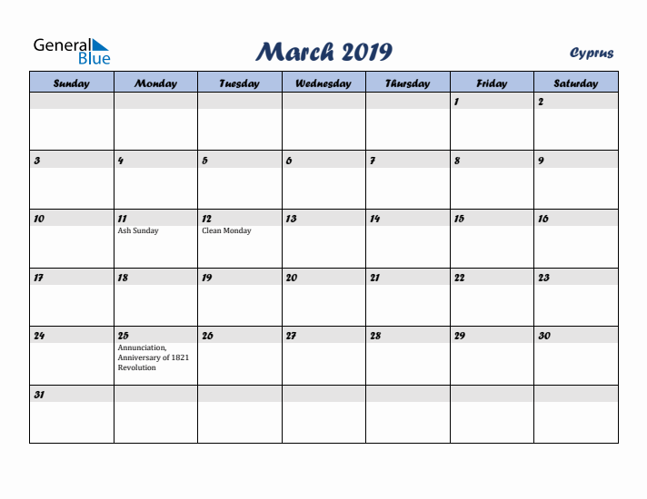 March 2019 Calendar with Holidays in Cyprus