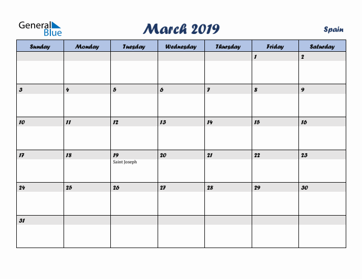 March 2019 Calendar with Holidays in Spain