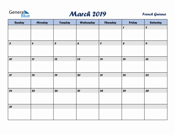 March 2019 Calendar with Holidays in French Guiana