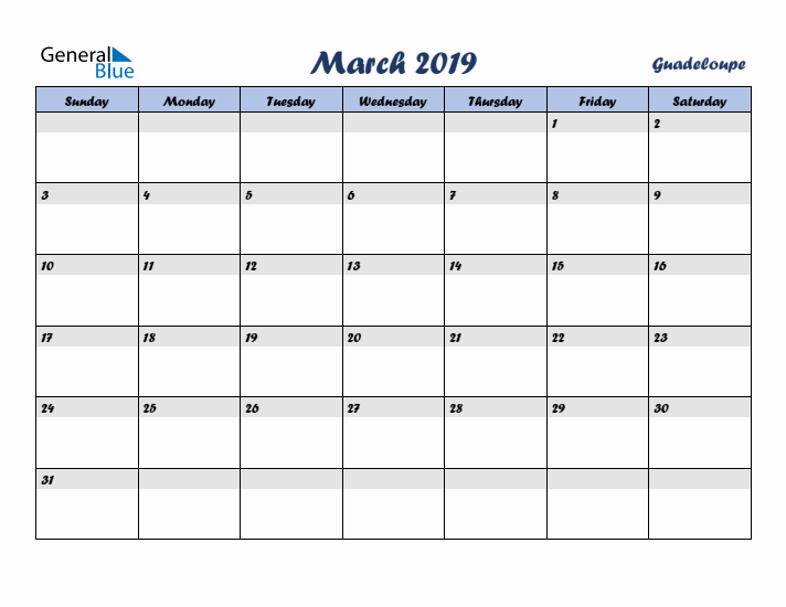 March 2019 Calendar with Holidays in Guadeloupe