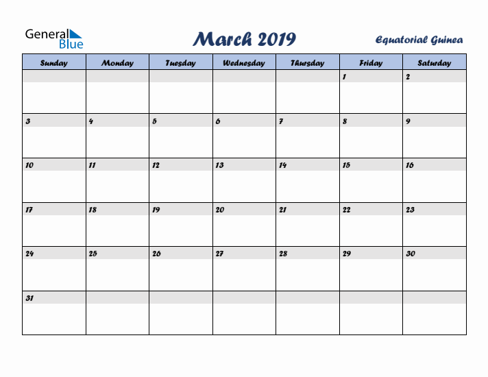 March 2019 Calendar with Holidays in Equatorial Guinea