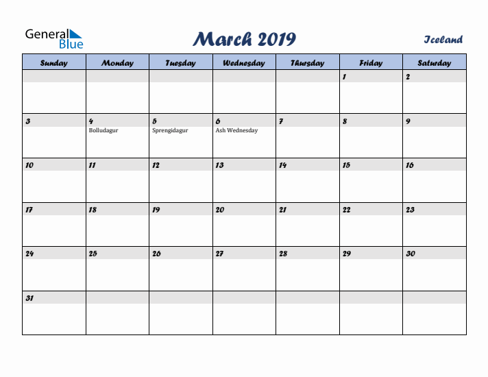 March 2019 Calendar with Holidays in Iceland