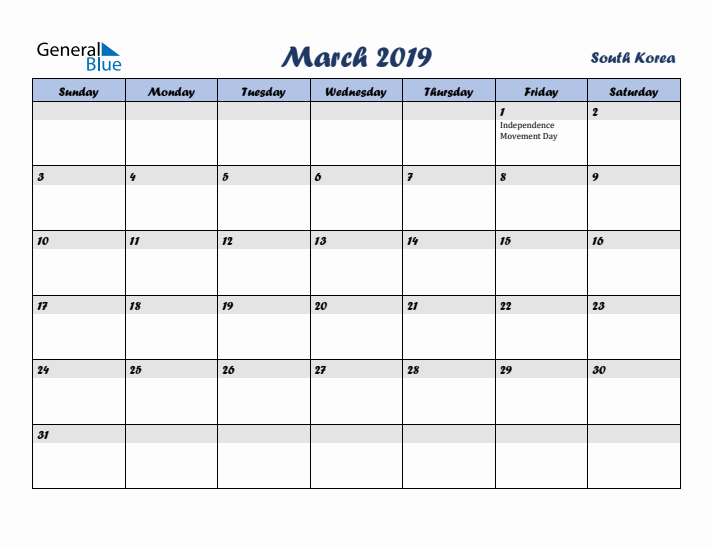 March 2019 Calendar with Holidays in South Korea