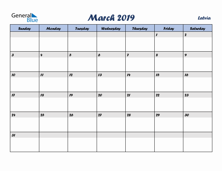 March 2019 Calendar with Holidays in Latvia