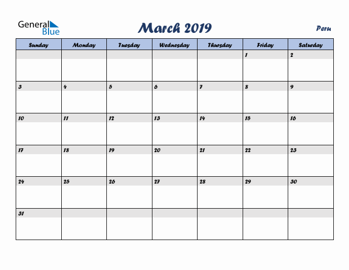 March 2019 Calendar with Holidays in Peru