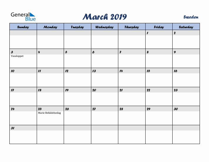 March 2019 Calendar with Holidays in Sweden