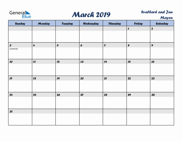 March 2019 Calendar with Holidays in Svalbard and Jan Mayen