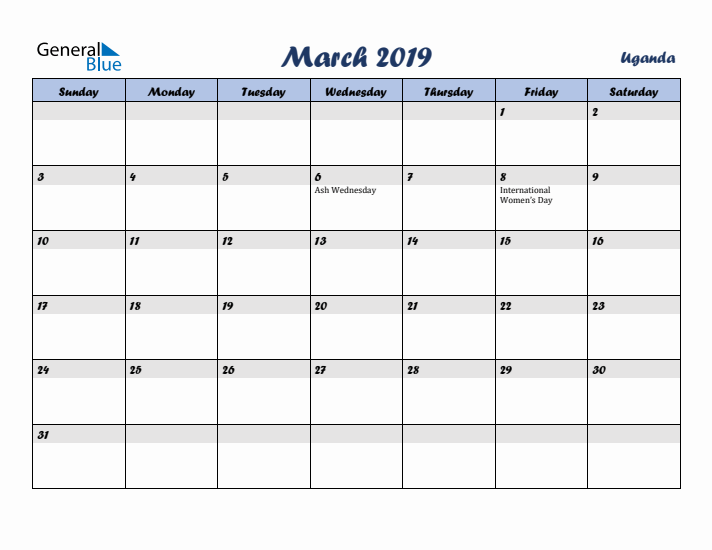 March 2019 Calendar with Holidays in Uganda