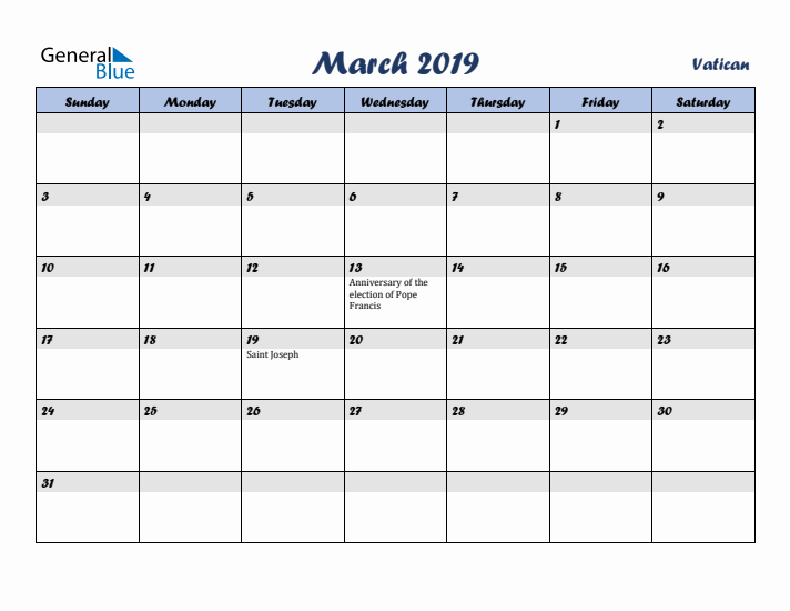 March 2019 Calendar with Holidays in Vatican