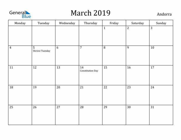 March 2019 Calendar Andorra