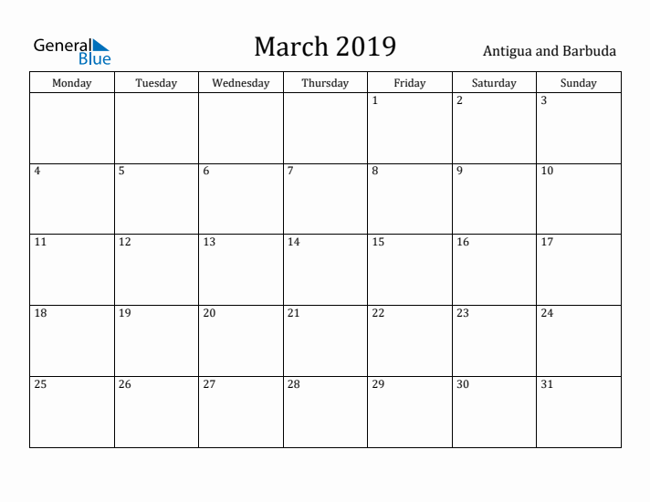 March 2019 Calendar Antigua and Barbuda