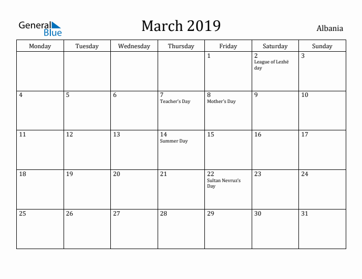 March 2019 Calendar Albania