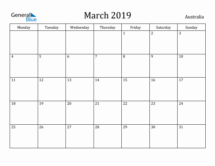 March 2019 Calendar Australia