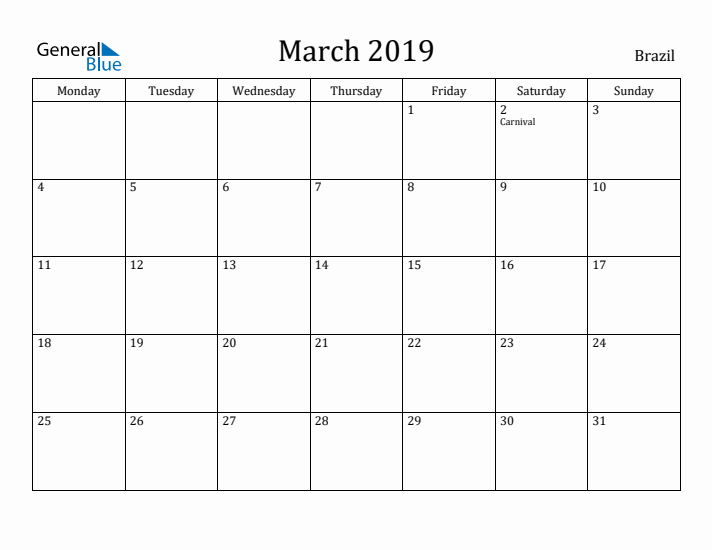 March 2019 Calendar Brazil