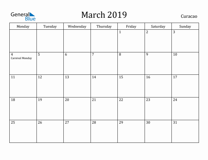 March 2019 Calendar Curacao