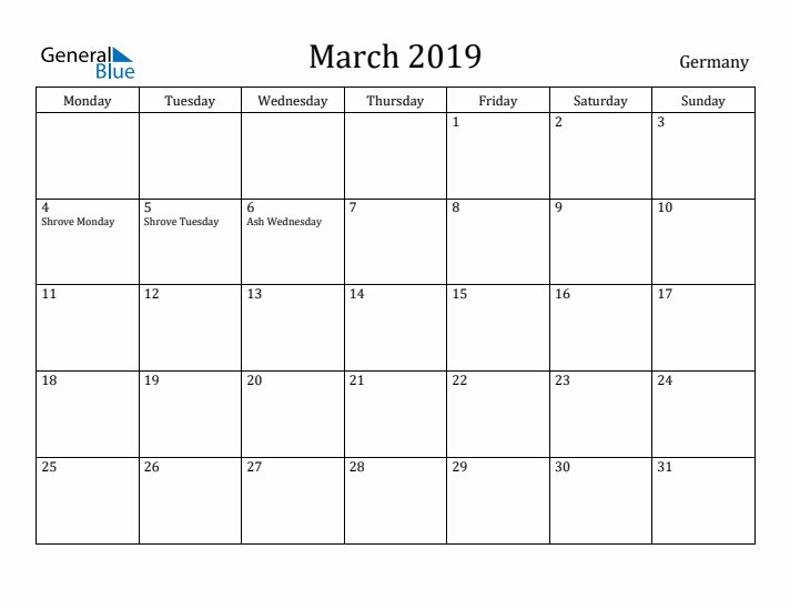 March 2019 Calendar Germany