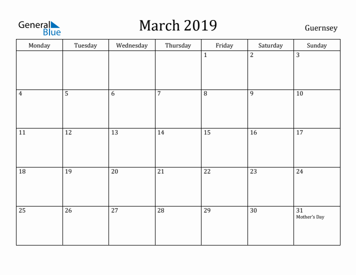 March 2019 Calendar Guernsey