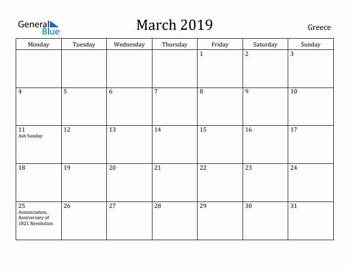 March 2019 Calendar Greece