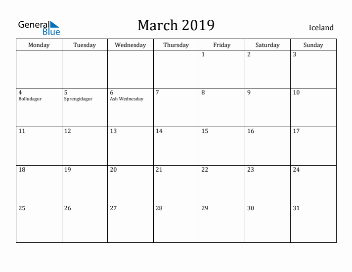 March 2019 Calendar Iceland