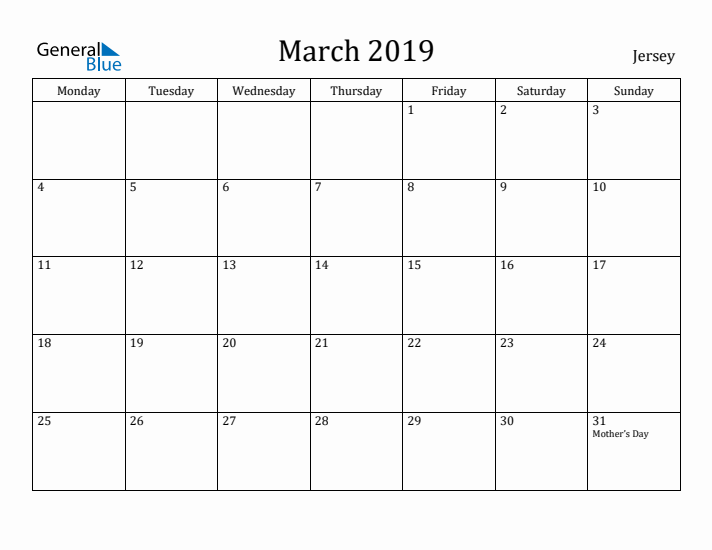 March 2019 Calendar Jersey