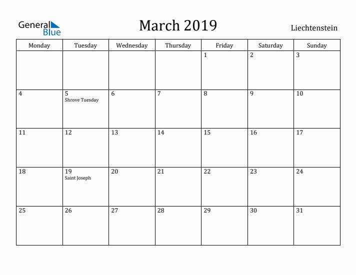 March 2019 Calendar Liechtenstein