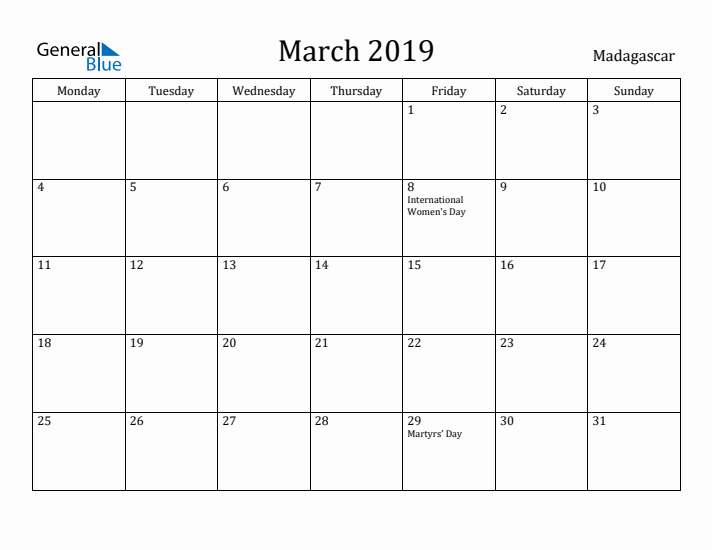 March 2019 Calendar Madagascar