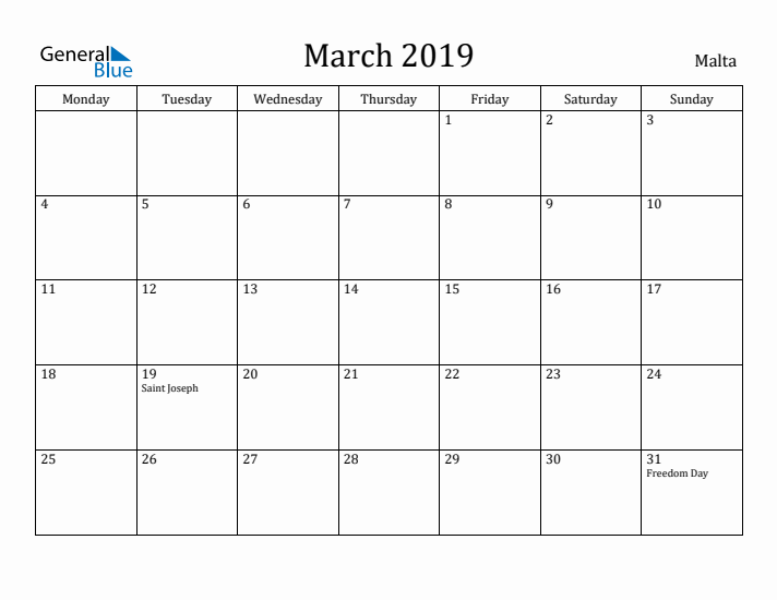 March 2019 Calendar Malta