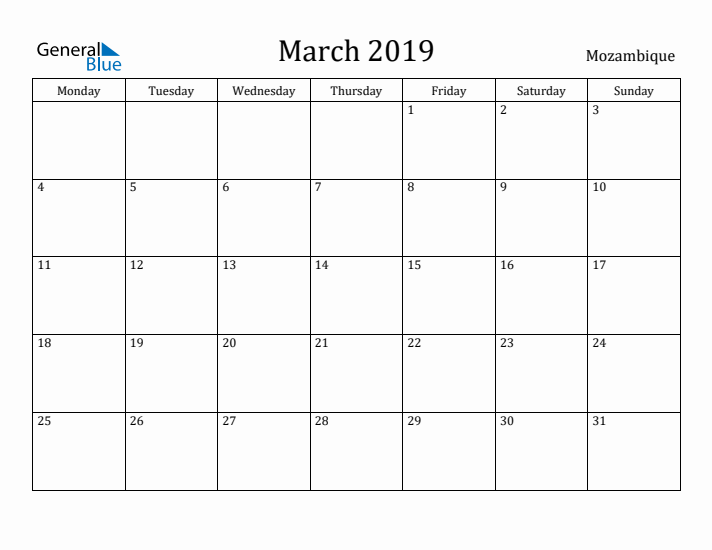 March 2019 Calendar Mozambique