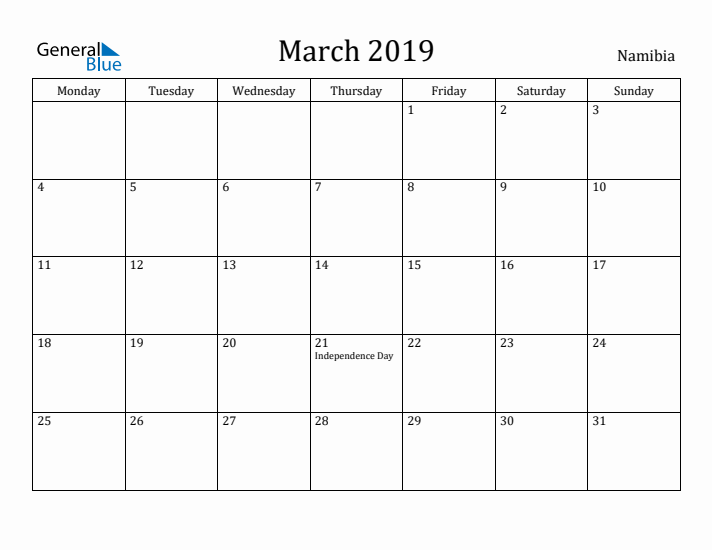 March 2019 Calendar Namibia