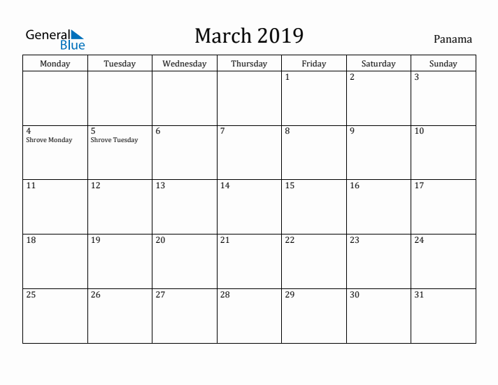 March 2019 Calendar Panama