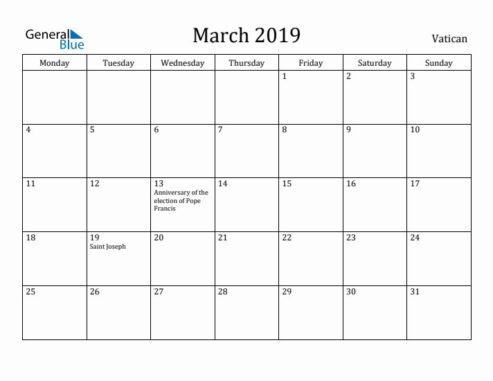 March 2019 Calendar Vatican