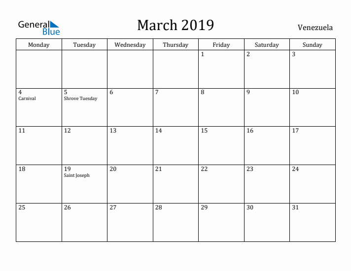 March 2019 Calendar Venezuela