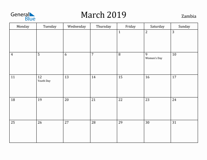 March 2019 Calendar Zambia