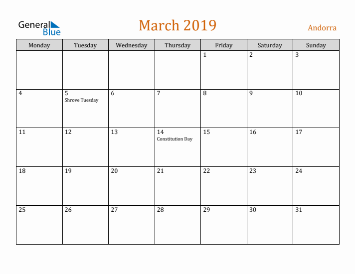 March 2019 Holiday Calendar with Monday Start